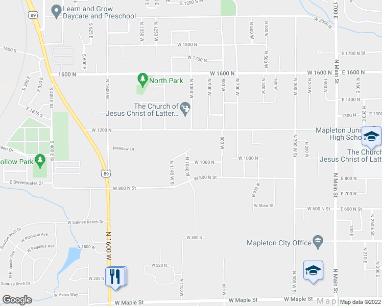 map of restaurants, bars, coffee shops, grocery stores, and more near 981 W 1050 N in Mapleton