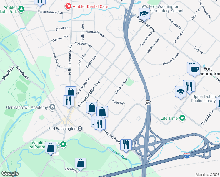 map of restaurants, bars, coffee shops, grocery stores, and more near 231 Summit Avenue in Fort Washington