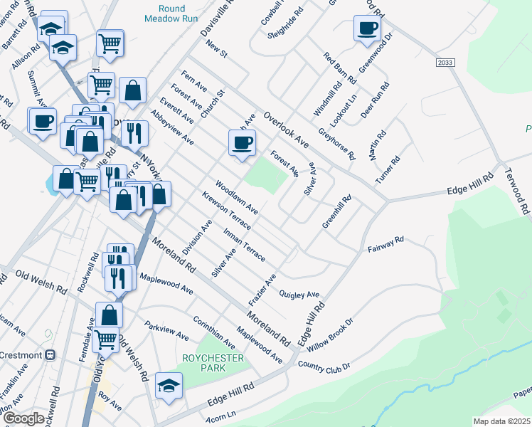 map of restaurants, bars, coffee shops, grocery stores, and more near 403 Woodlawn Avenue in Willow Grove