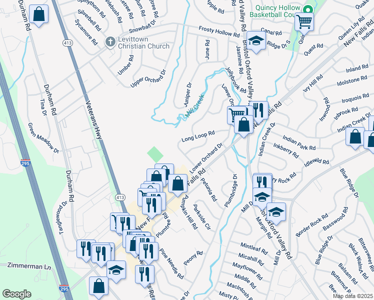 map of restaurants, bars, coffee shops, grocery stores, and more near 15 Limewood Road in Levittown