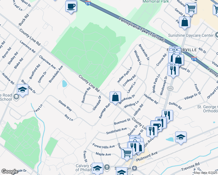 map of restaurants, bars, coffee shops, grocery stores, and more near 13 Lawson Drive in Feasterville-Trevose