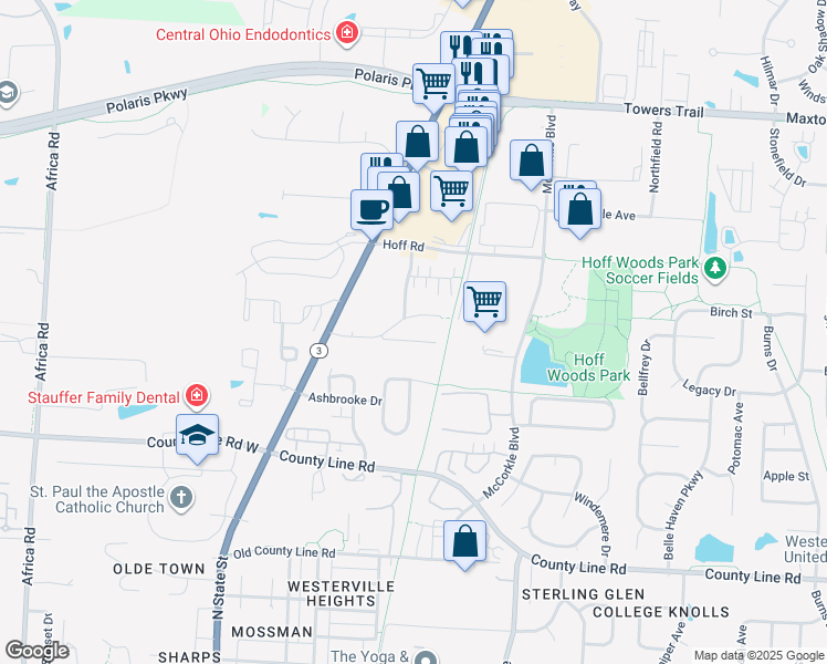 map of restaurants, bars, coffee shops, grocery stores, and more near 155 Commerce Park Drive in Westerville