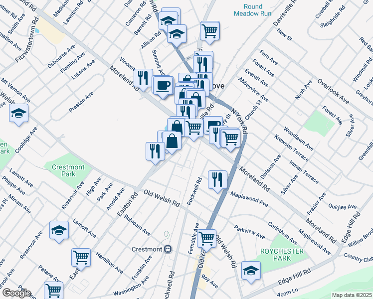 map of restaurants, bars, coffee shops, grocery stores, and more near 2300 Stratford Avenue in Willow Grove