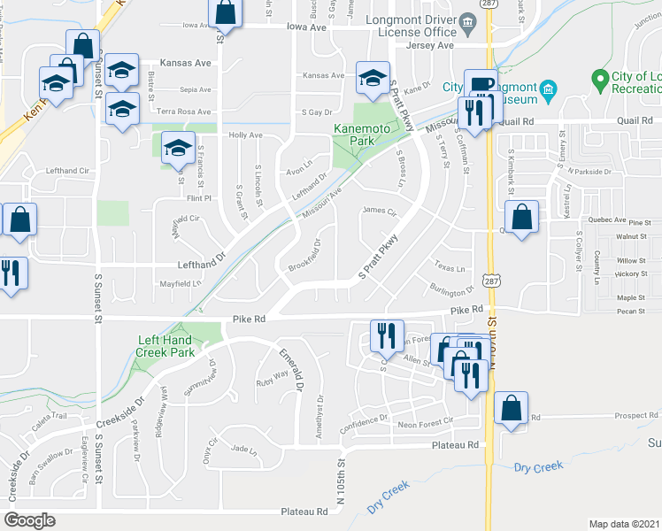 map of restaurants, bars, coffee shops, grocery stores, and more near 1512 Ashcroft Drive in Longmont