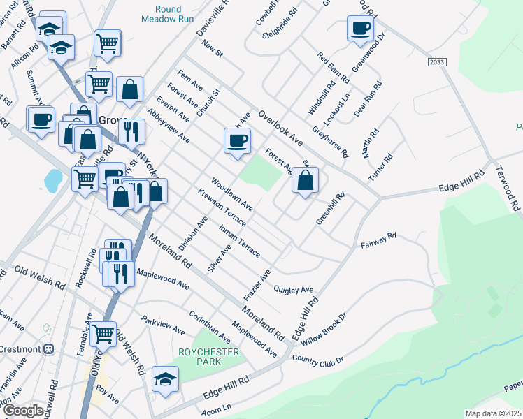 map of restaurants, bars, coffee shops, grocery stores, and more near 403 Woodlawn Avenue in Willow Grove