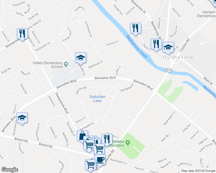 map of restaurants, bars, coffee shops, grocery stores, and more near 2972 Wexford Road in Bensalem