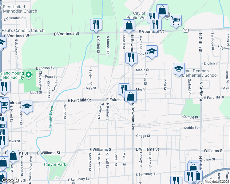 map of restaurants, bars, coffee shops, grocery stores, and more near 812 May Street in Danville