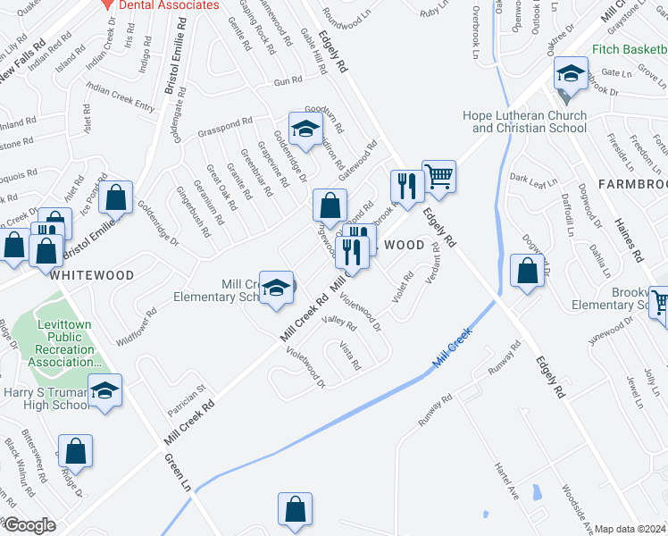 map of restaurants, bars, coffee shops, grocery stores, and more near 16 Elizabeth Lane in Levittown