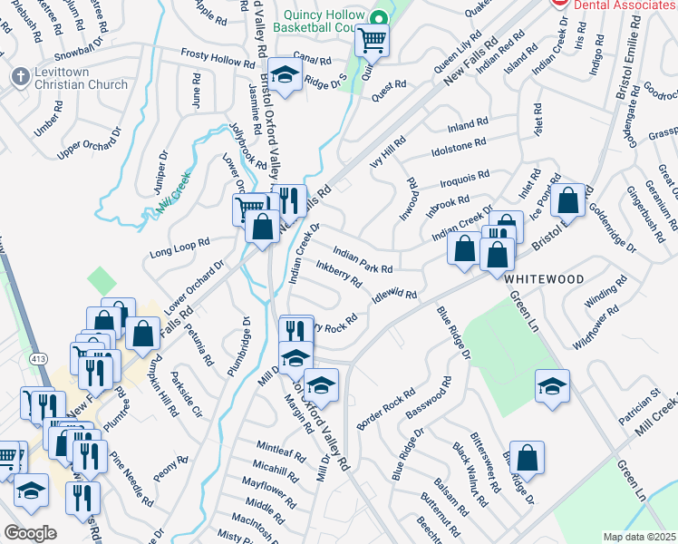 map of restaurants, bars, coffee shops, grocery stores, and more near 49 Inkberry Road in Levittown