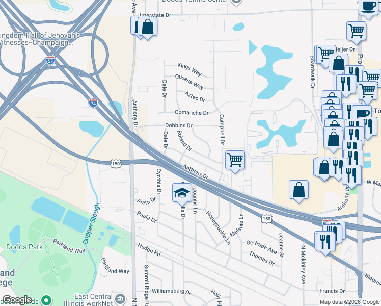map of restaurants, bars, coffee shops, grocery stores, and more near 2210 Roland Drive in Champaign