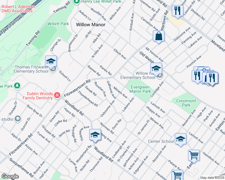 map of restaurants, bars, coffee shops, grocery stores, and more near 2832 Galloway Avenue in Abington