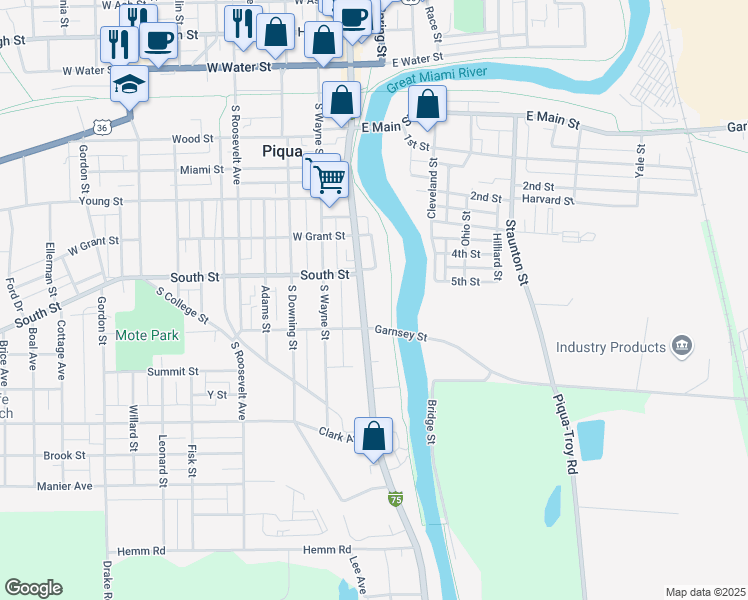 map of restaurants, bars, coffee shops, grocery stores, and more near 625 South Main Street in Piqua
