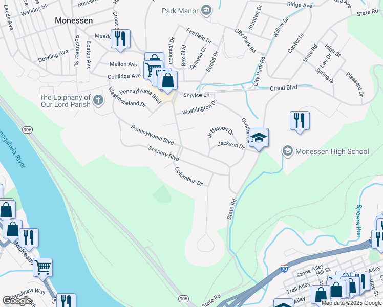 map of restaurants, bars, coffee shops, grocery stores, and more near 112 Pennsylvania Boulevard in Monessen