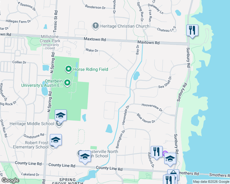 map of restaurants, bars, coffee shops, grocery stores, and more near 998 Egret Court in Westerville