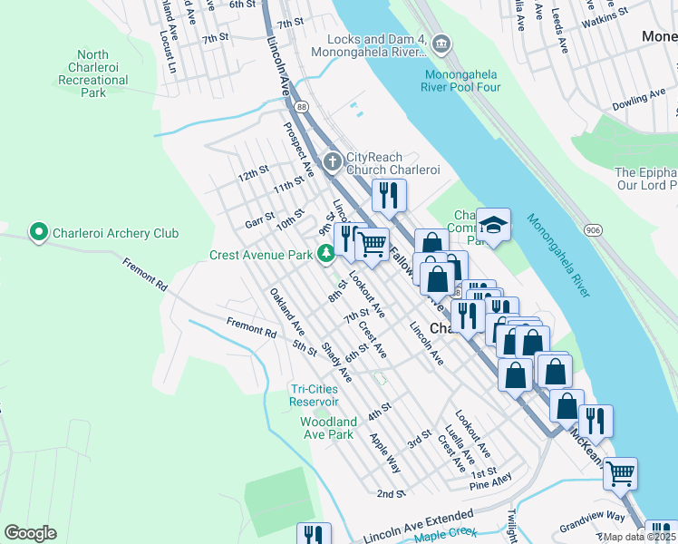 map of restaurants, bars, coffee shops, grocery stores, and more near 807 Lookout Avenue in Charleroi