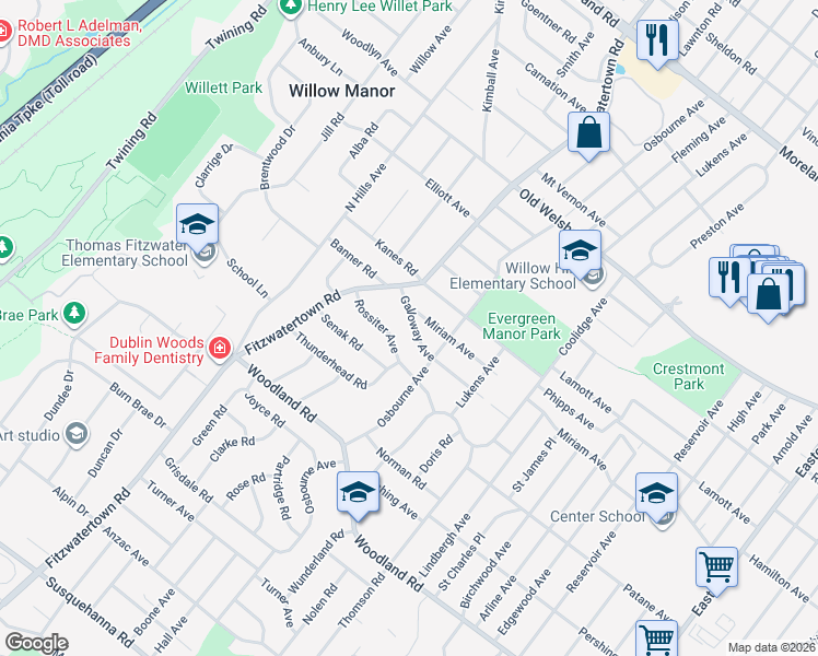map of restaurants, bars, coffee shops, grocery stores, and more near 2832 Galloway Avenue in Abington