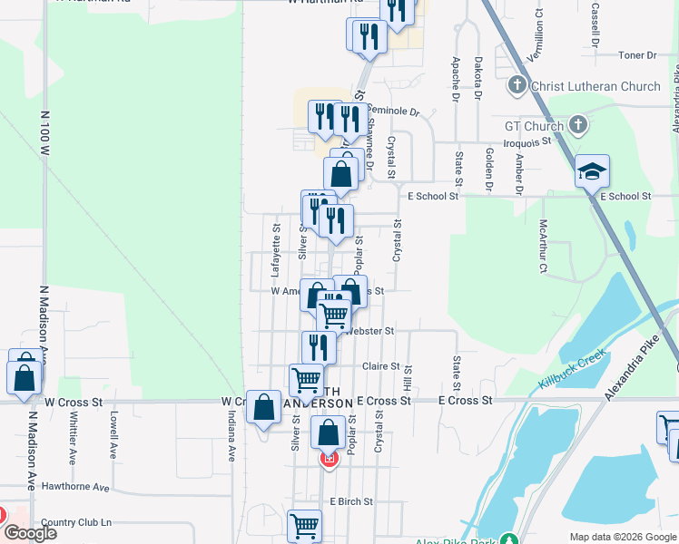 map of restaurants, bars, coffee shops, grocery stores, and more near 2328 Broadway Street in Anderson