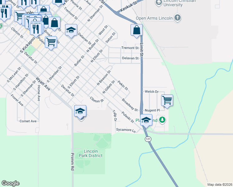 map of restaurants, bars, coffee shops, grocery stores, and more near 122 Miller St in Lincoln