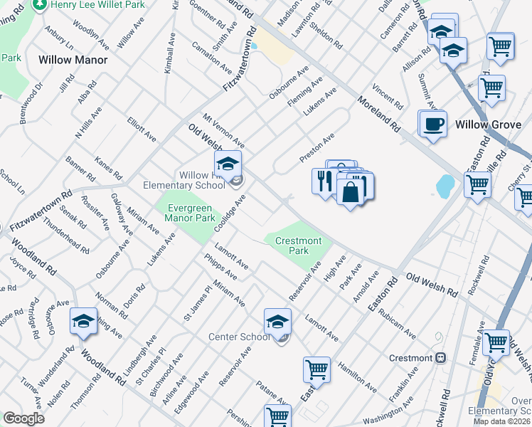 map of restaurants, bars, coffee shops, grocery stores, and more near 2606 Lillian Avenue in Willow Grove
