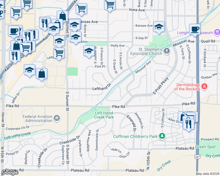 map of restaurants, bars, coffee shops, grocery stores, and more near 1433 Lefthand Drive in Longmont