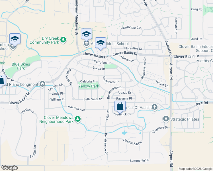 map of restaurants, bars, coffee shops, grocery stores, and more near 4251 San Marco Drive in Longmont