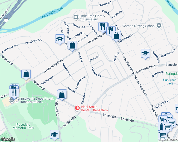 map of restaurants, bars, coffee shops, grocery stores, and more near 3423 Third Avenue in Bucks County