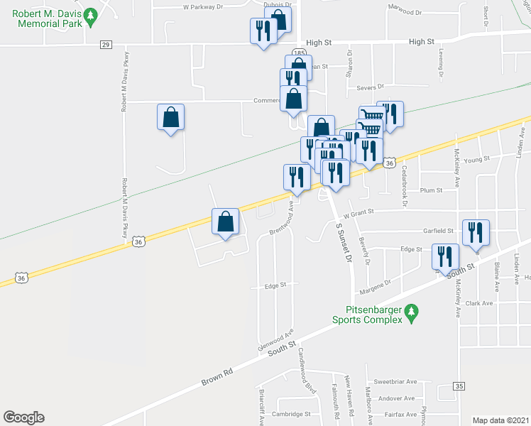map of restaurants, bars, coffee shops, grocery stores, and more near 1901 Covington Avenue in Piqua
