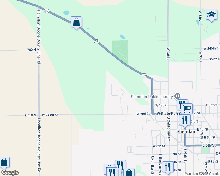 map of restaurants, bars, coffee shops, grocery stores, and more near 206 Spicewood Drive in Sheridan
