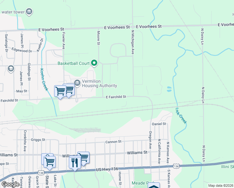 map of restaurants, bars, coffee shops, grocery stores, and more near 1809-1999 East Fairchild Street in Danville