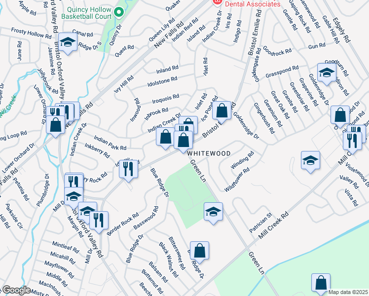 map of restaurants, bars, coffee shops, grocery stores, and more near 1325 Green Lane in Levittown
