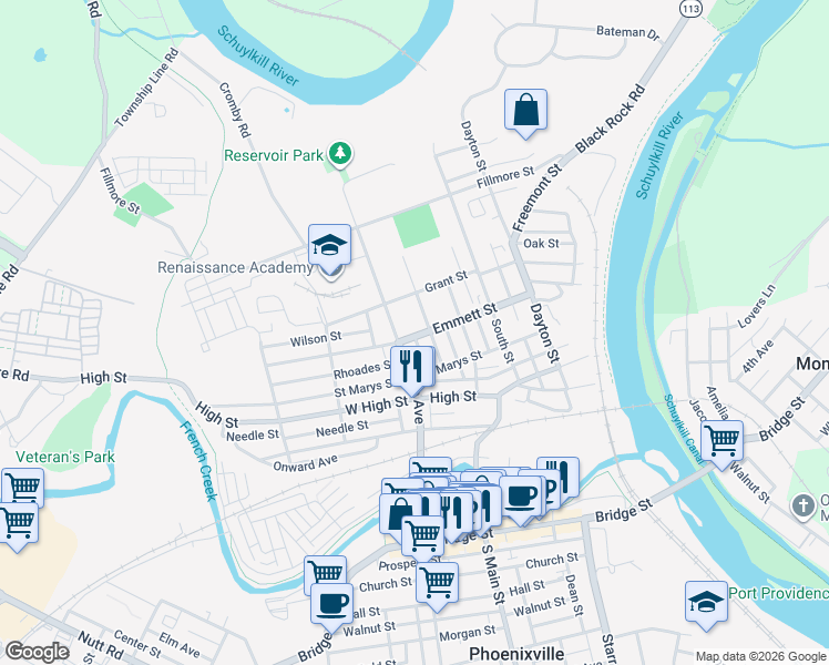map of restaurants, bars, coffee shops, grocery stores, and more near 341 Emmett Street in Phoenixville