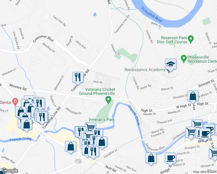 map of restaurants, bars, coffee shops, grocery stores, and more near 1204 Hendrix Lane in Phoenixville