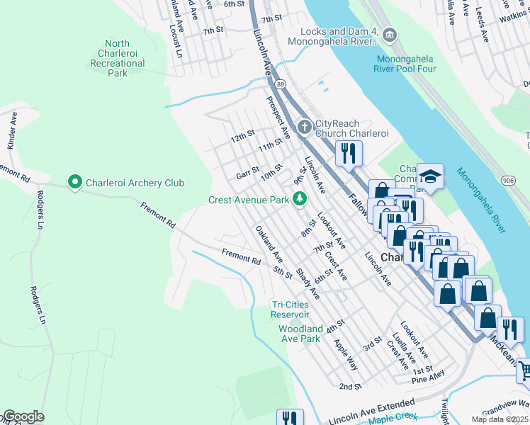 map of restaurants, bars, coffee shops, grocery stores, and more near 904 Shady Avenue in Charleroi
