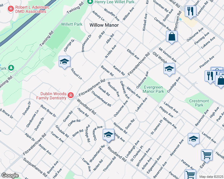 map of restaurants, bars, coffee shops, grocery stores, and more near 2896 Rossiter Avenue in Abington