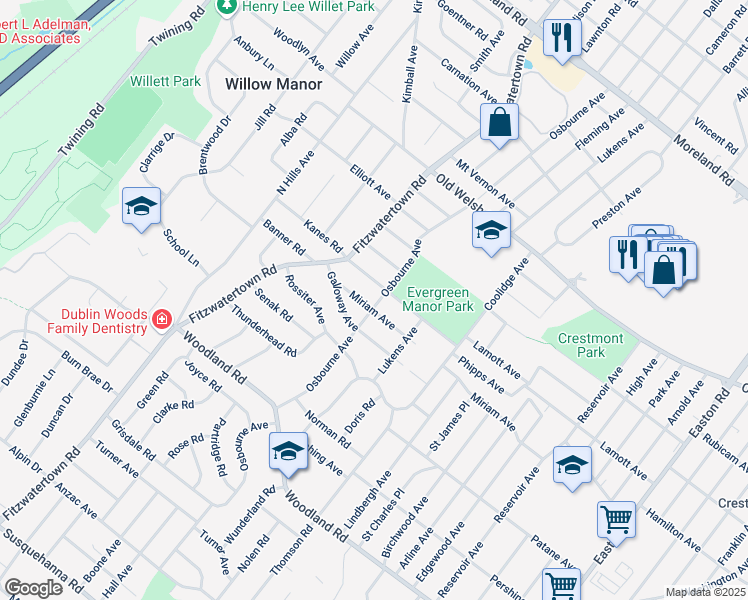 map of restaurants, bars, coffee shops, grocery stores, and more near 1582 Osbourne Avenue in Abington