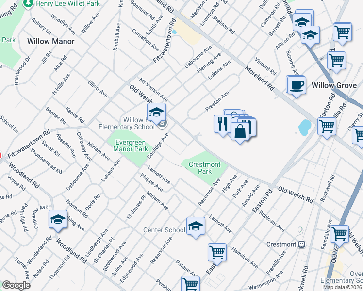 map of restaurants, bars, coffee shops, grocery stores, and more near 2606 Lillian Avenue in Willow Grove