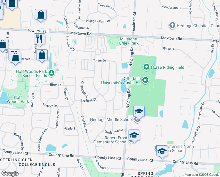 map of restaurants, bars, coffee shops, grocery stores, and more near 580 High Timber Drive in Westerville