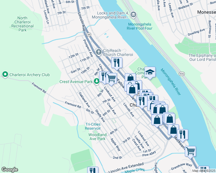 map of restaurants, bars, coffee shops, grocery stores, and more near 801 Prospect Avenue in Charleroi