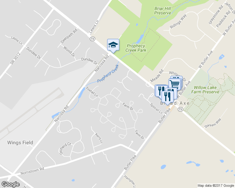 map of restaurants, bars, coffee shops, grocery stores, and more near 22 Springhouse Lane in Blue Bell