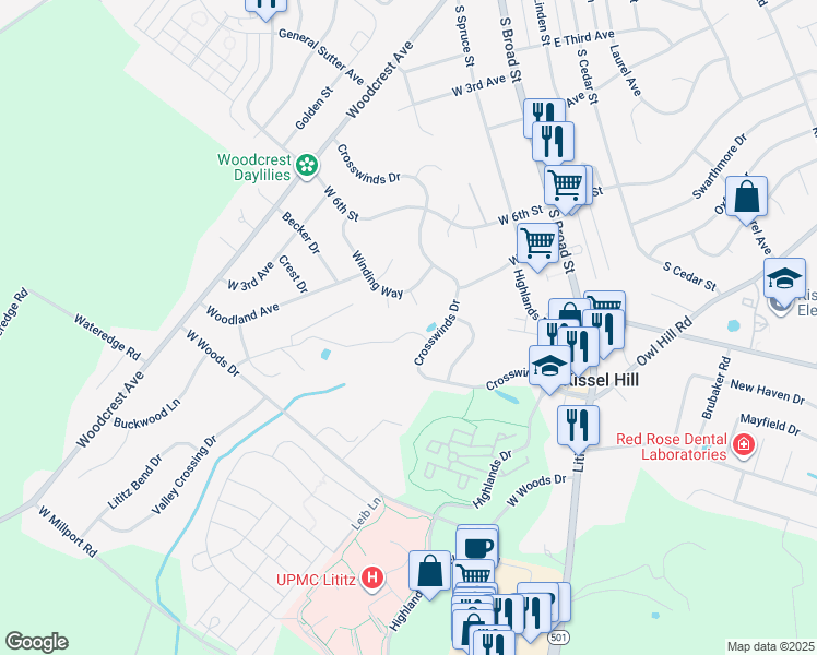 map of restaurants, bars, coffee shops, grocery stores, and more near 19 Tupelo Street in Lititz