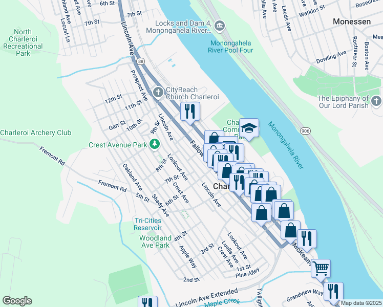 map of restaurants, bars, coffee shops, grocery stores, and more near 717 Washington Avenue in Charleroi