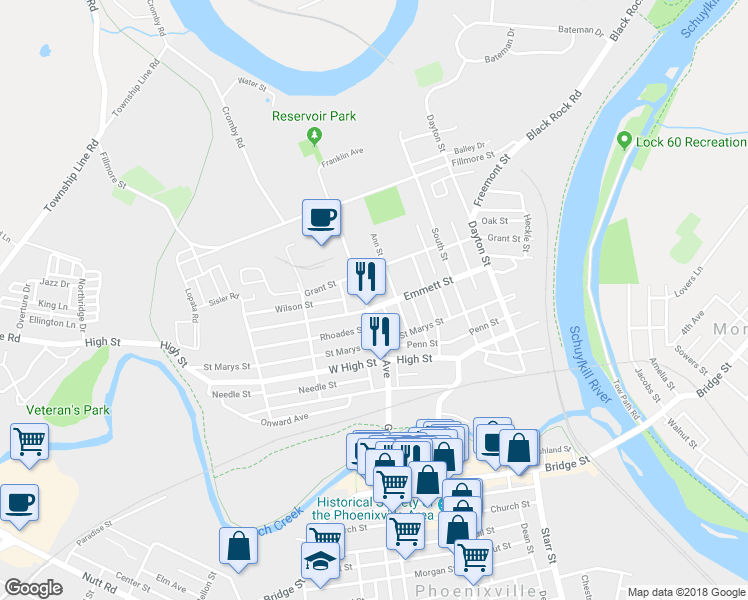 map of restaurants, bars, coffee shops, grocery stores, and more near 357 Emmett Street in Phoenixville
