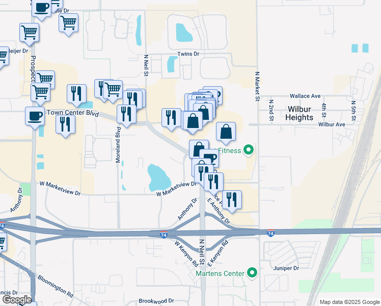 map of restaurants, bars, coffee shops, grocery stores, and more near 2000 North Neil Street in Champaign
