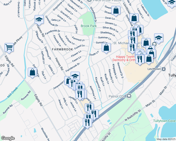 map of restaurants, bars, coffee shops, grocery stores, and more near 76 Kenwood Drive South in Levittown