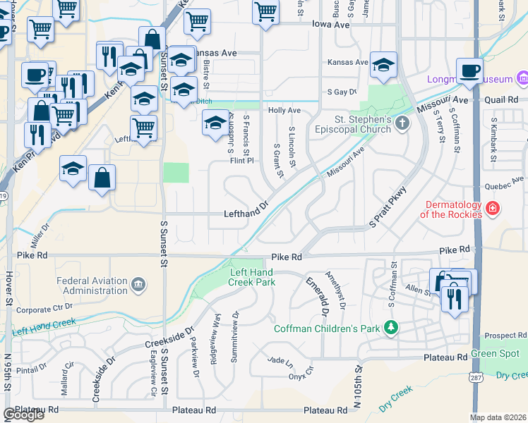 map of restaurants, bars, coffee shops, grocery stores, and more near 1433 Lefthand Drive in Longmont