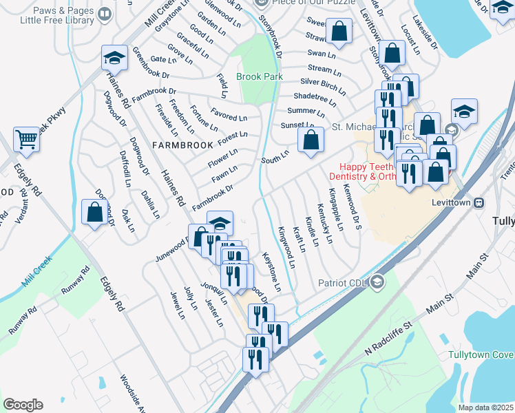 map of restaurants, bars, coffee shops, grocery stores, and more near 76 Kenwood Drive North in Levittown