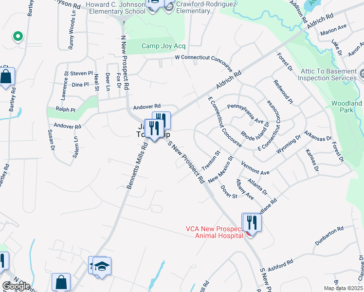 map of restaurants, bars, coffee shops, grocery stores, and more near 33 South New Prospect Road in Jackson Township