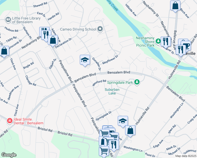map of restaurants, bars, coffee shops, grocery stores, and more near 2937 Kinsman Court in Bensalem