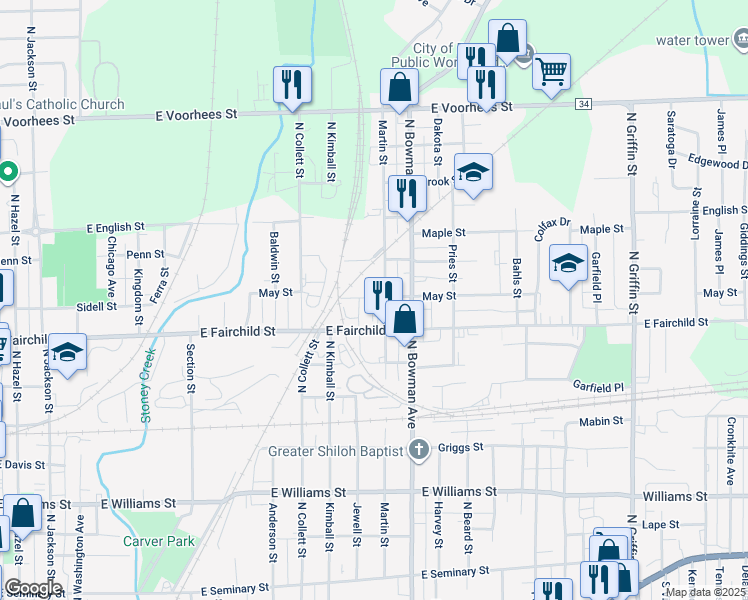 map of restaurants, bars, coffee shops, grocery stores, and more near 824 May Street in Danville