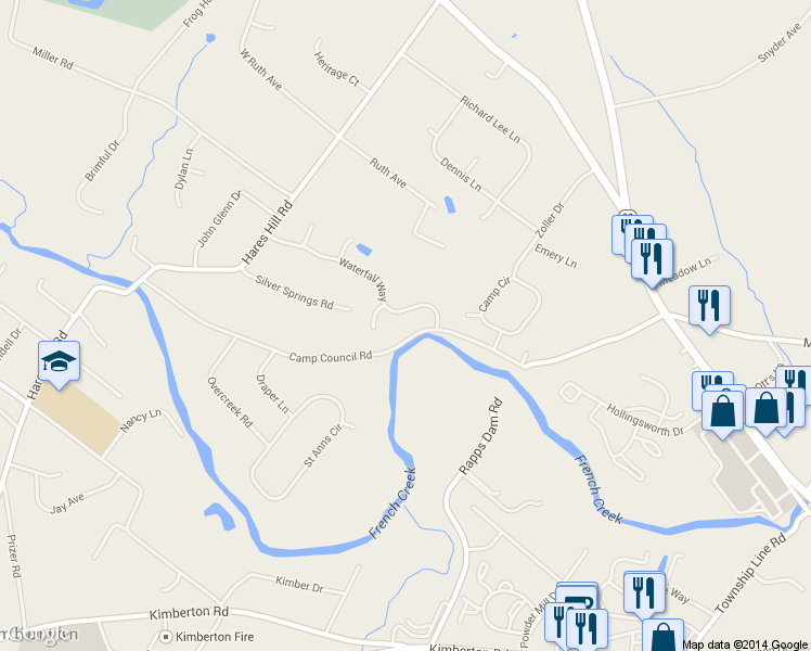 map of restaurants, bars, coffee shops, grocery stores, and more near 605 Waterfall Way in Phoenixville